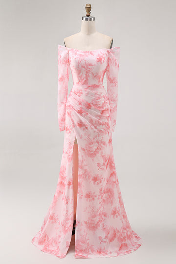 Pink Flower Mermaid Off The Shoulder Long Sleeve Bridesmaid Dress with Slit